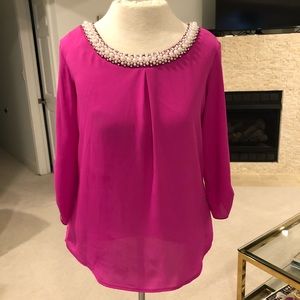 A’GACI Fuchsia Pink Blouse Pearl Rhinestone Neck